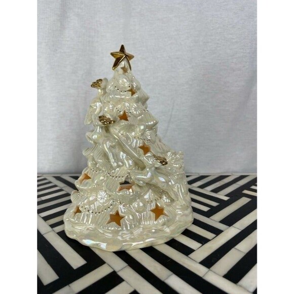 Vintage Iridescent Ceramic Christmas Tree Tealight Holder – Gold Star Accents - Picture 7 of 9